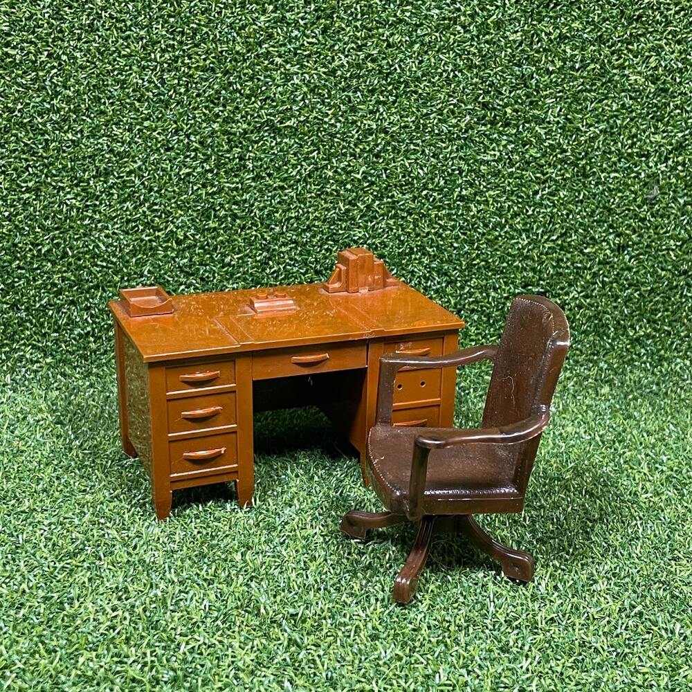 Vintage Banker Desk with Swivel Office Chair Marbled Brown Plastic Dollhouse